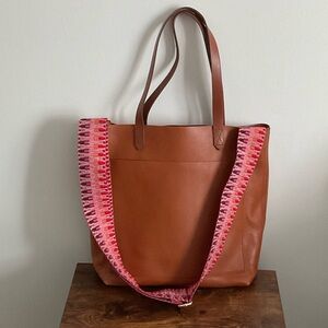 Madewell Tan Leather Tote with Pink Woven Strap